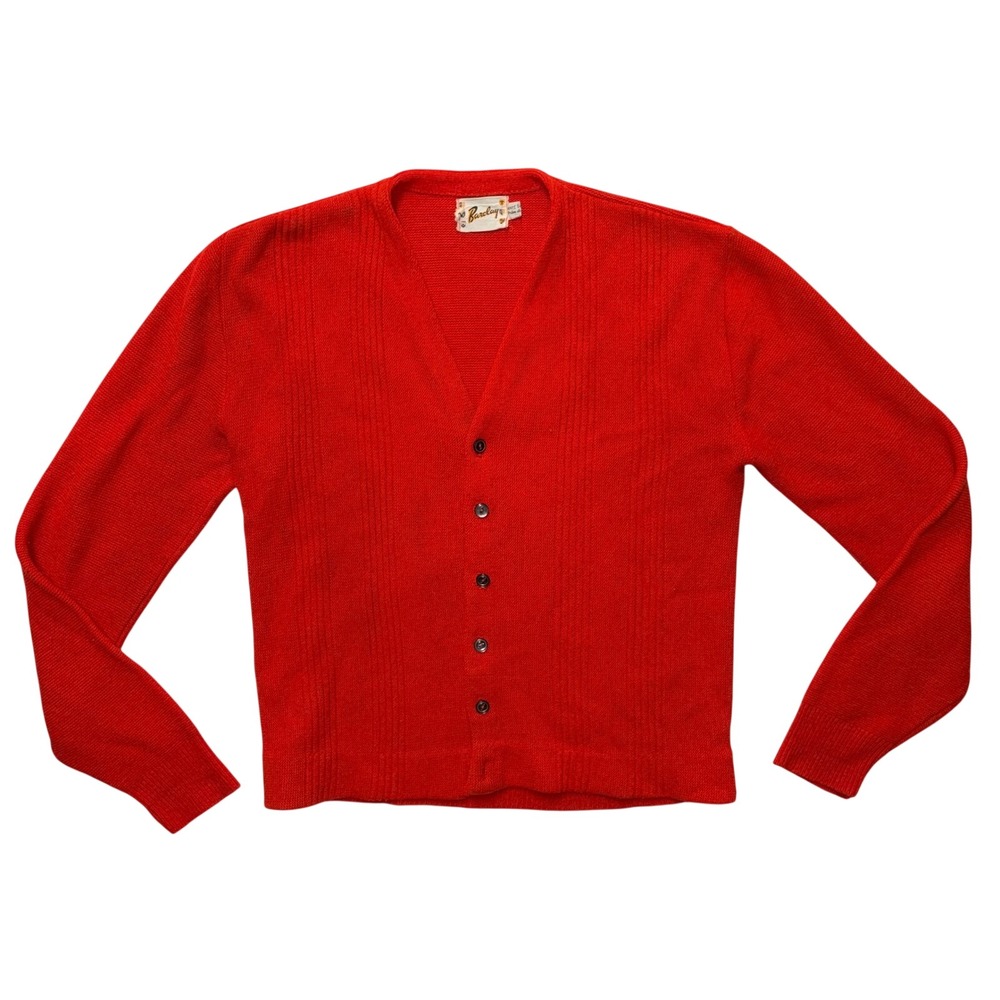 Vintage Barclay Red Textured Cardigan Sweater Large V-Neck Orlon Acrylic 60s 70s